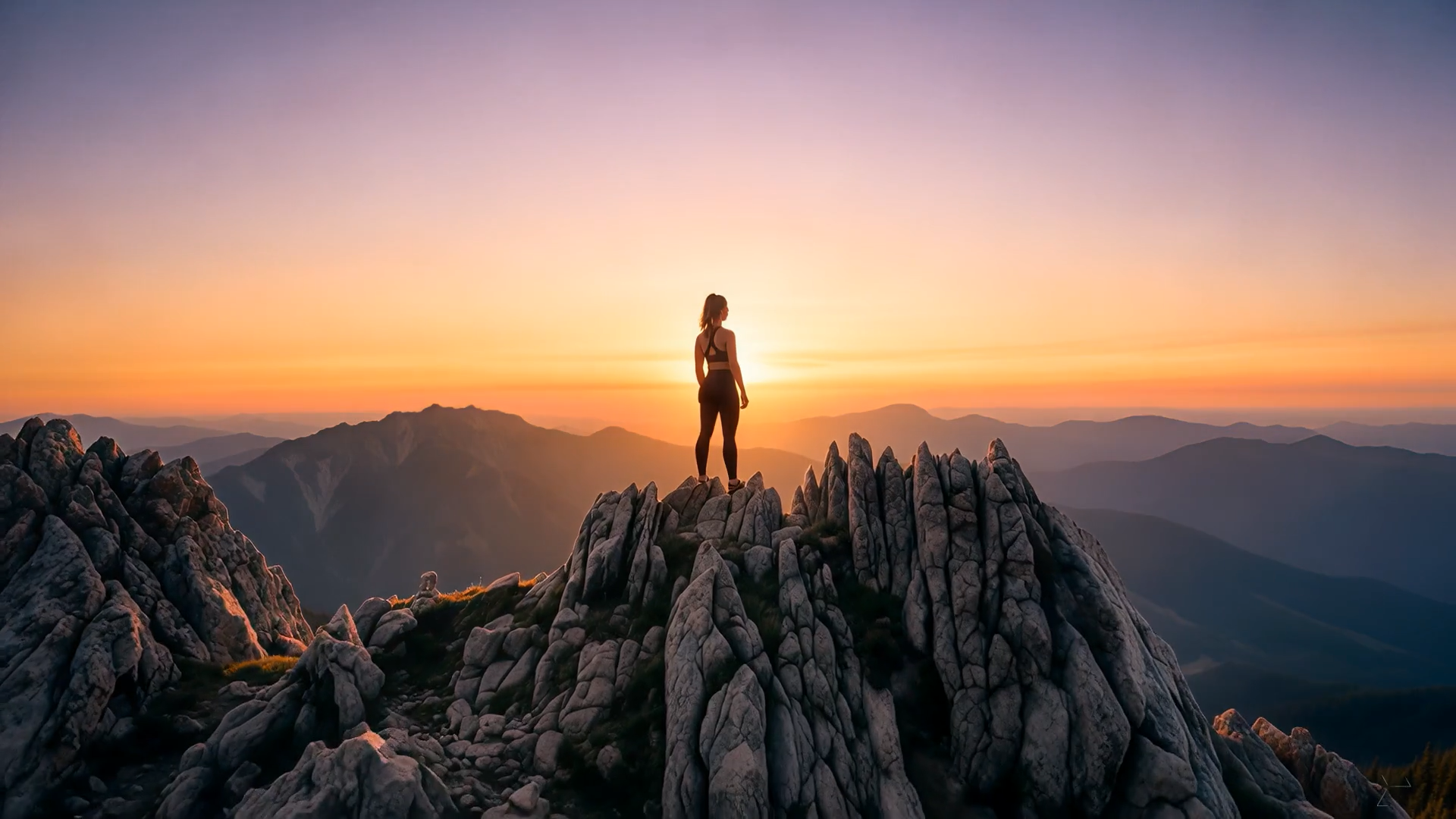 Lucy standing on a mountain peak at dawn